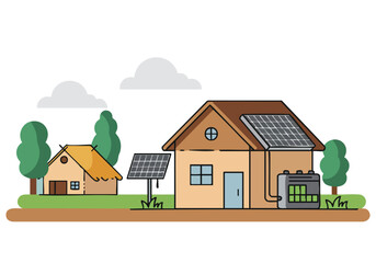charming village scene showcases a solar-powered home with battery storage highlighting sustainable energy and rural living Clean lines and a pastel color palette