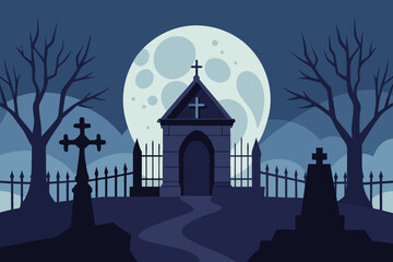 A haunted cartoon graveyard silhouette under a dark night sky with bats flying around an old house and spooky trees