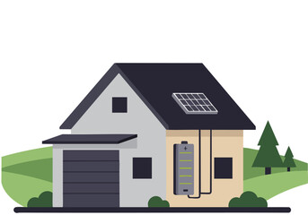 modern home illustration featuring solar panels and a battery symbolizing sustainable energy Clean flat design with a green landscape backdrop Ideal for energy sustainability and home concepts