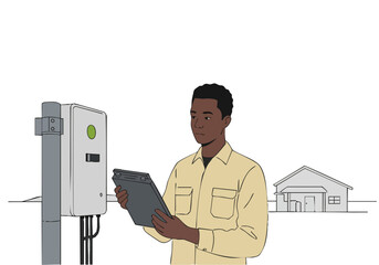 A professional man inspects an electrical meter box outdoors. He?s reviewing data on a tablet, suggesting utility work or inspection. Clear, modern illustration.