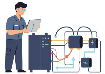 A technician examines a complex electrical system diagram, highlighting an over-flow situation. Modern illustration style, clean lines, and a professional setting.