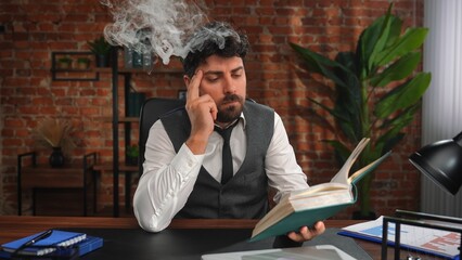 Man in Thought with Book and Smoke from Head