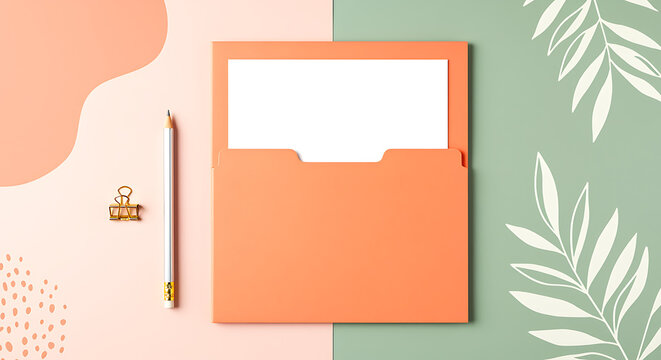 Flat lay of an open orange folder with a blank white card inside a pencil and paperclip on a pastel pink and green background with tropical leaves