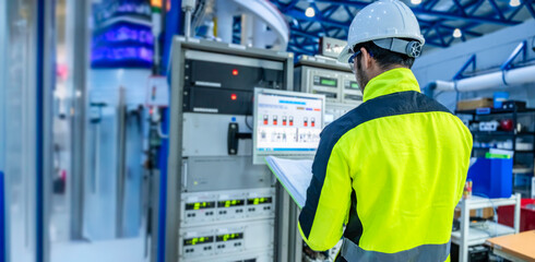 Electrical engineer woman checking voltage at the Power Distribution Cabinet in the control...