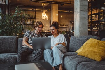 Obraz premium Young couple works together on laptop in modern apartment living room while telecommuting in a stylish, comfortable setting
