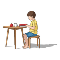 A young boy sits barefoot at a wooden table, diligently reading a book with an apple and a mug nearby.