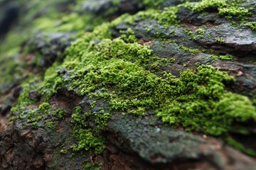 Moss growing on the rough bark of an old tree in a forested area showcasing vibrant green textures under natural light