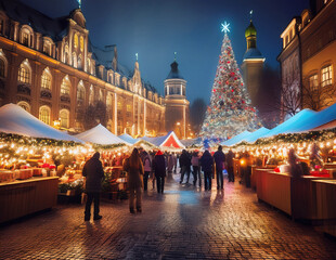 Obraz premium A bustling Christmas market at dusk, with brightly lit stalls, a towering Christmas tree adorned with a star, and a crowd enjoying the festive atmosphere.