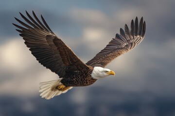 Obraz premium Bald eagle gracefully soaring through the sky, showcasing its powerful wings and striking features against a dramatic backdrop of clouds and open air