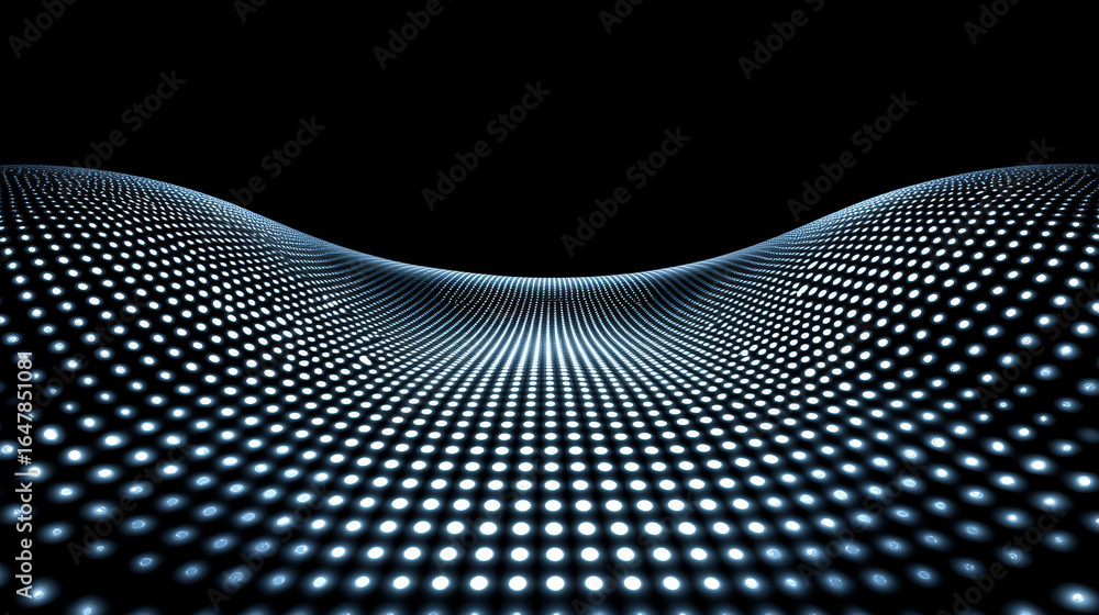 Poster Mesmerizing abstract representation of wave like surface composed of luminous dots, creating sense of depth and movement against dark background. fluid geometry evokes futuristic and digital