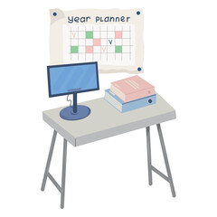 Fototapeta premium Home Office Desk with Year Planner, Minimal Workspace and Calendar, Productive Office Setup Illustration