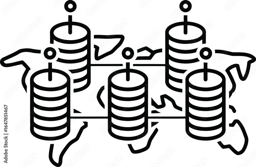 Poster global network of interconnected candle stacks on a world map outline