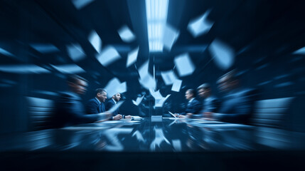 Documents flying through the air during a heated meeting