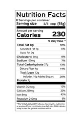 Nutrition Facts information label for box. Daily value ingredient calories, cholesterol and fats in grams and percent. Flat design, vector illustration on background.