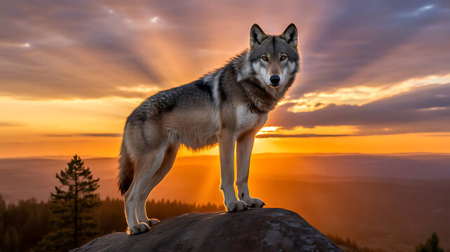A majestic gray wolf stands proudly on a rocky outcrop, silhouetted against a breathtaking sunset with golden light and a dramatic sky, embodying the spirit of the wild.