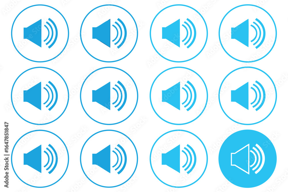 Poster blue speaker icons in a pattern with one different color pop sound symbol graphics