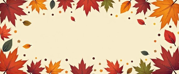 Fototapeta premium Autumn maple leaf border with colorful foliage and small dots scattered around, creating a decorative frame with ample copy space in the center for text or design elements