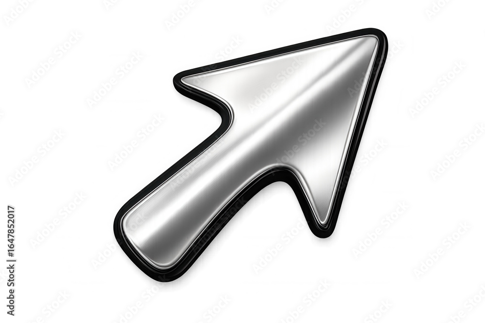 Poster metallic chrome mouse cursor pointing diagonally upward, reflecting digital interface navigation on 