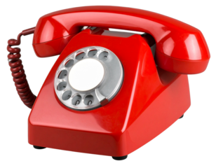 Angled View Retro Red Rotary Dial Phone with Handset Off the Hook, Isolated