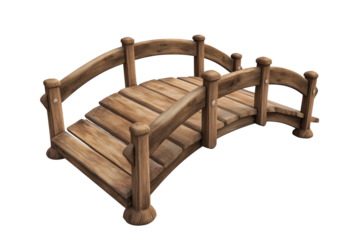 Wooden garden bridge isolated on transparent background. Decorative wooden arch bridge transparent PNG.