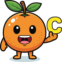 Cartoon orange character holding vitamin C, happy fruit mascot, healthy nutrition icon, citrus illustration, vector design with playful expression