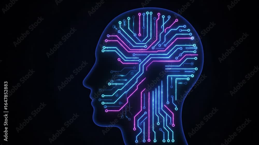 Aufkleber silhouette head with neon circuits - a human head silhouette is filled with intricate neon circuits 