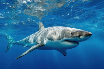 Fototapeta premium Great white shark swimming gracefully in clear blue ocean waters showcasing its powerful presence and natural habitat during a sunny day