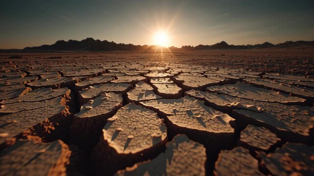 A breathtaking sunset over a parched landscape, showcasing cracked earth and the harsh beauty of nature's resilience.