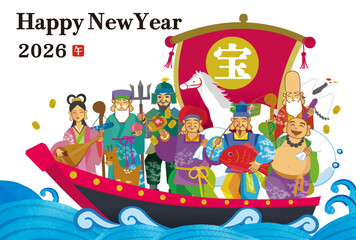 Fototapeta premium Treasure Ship with Seven Lucky Gods and Year of the Horse - Japanese New Year Illustration