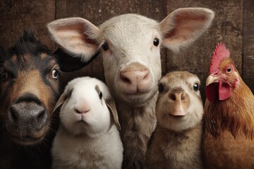 Fototapeta premium Farmyard animals gather for a cheerful portrait showcasing their friendly expressions in a rustic barn setting during the golden hour of evening light
