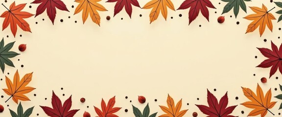 A decorative border frame made of colorful autumn maple leaves in red, orange, yellow, and green, set against a light creamcolored background, perfect for seasonal greetings and fallthemed designs