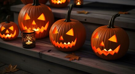 Obraz premium Group of carved glowing halloween pumpkins with scary faces on wooden steps at night