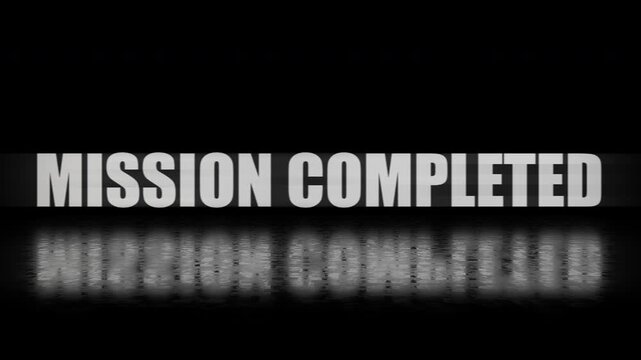 Text mission completed shows in reflection. Suitable for project completion, success, accomplishment, or business concept. Ideal for presentations or web design. Glitch effect