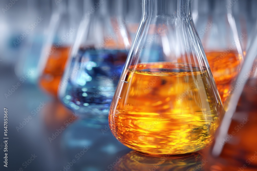 Poster closeup of laboratory glassware featuring colorful liquids in various flasks arranged on a counterto
