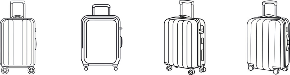 A one-line drawing on a white isolated background shows a travel suitcase equipped with wheels