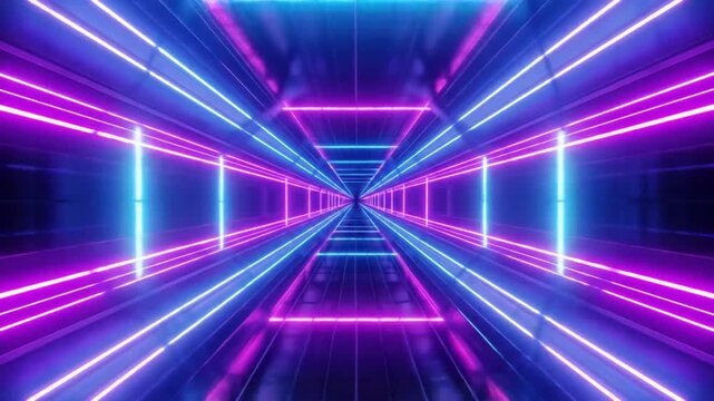 Futuristic neon tunnel background with glowing lines in blue and purple colors, seamless loop