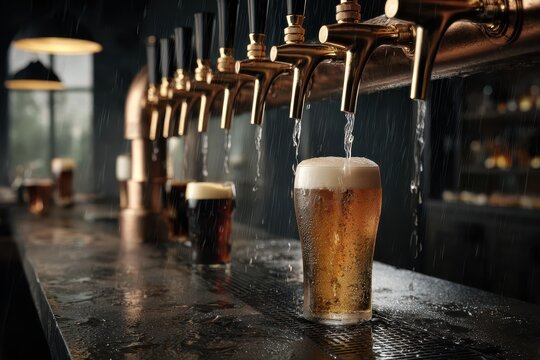 Beer taps pouring various styles of beer on Beer Day at a lively bar with a warm atmosphere and rustic decor, capturing the joy of celebration and camaraderie among patrons