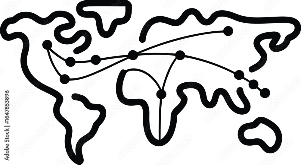 Poster world map with connecting lines and dots representing global network