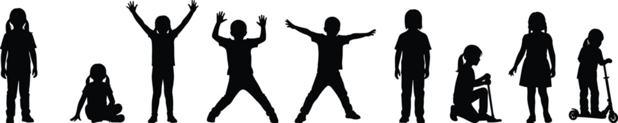 PrintChildren silhouette set, kids playing, standing, sitting, riding scooter, childhood activity illustration, black figures, happy children poses, vector design