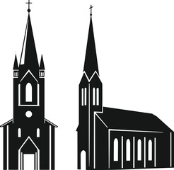 Church silhouettes, detailed and simple designs, steeples with crosses, black and white vector, architectural style contrast, religious building icons