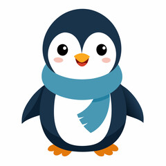 A vector Adorable Cartoon Penguin Wearing a Blue Scarf; Winter Holiday Illustration; Cute, Friendly Character Design. on white background 