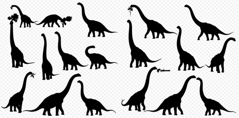 A collection of black dinosaur silhouettes, featuring long-necked sauropods in various poses like eating, walking, and interacting.