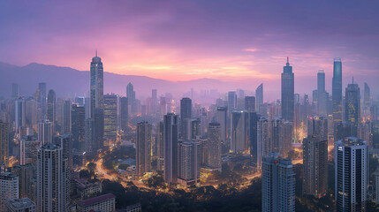 Fototapeta premium Aerial view of a financial district with skyscrapers at dawn