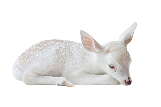 A peaceful white fawn resting quietly on a soft surface.
