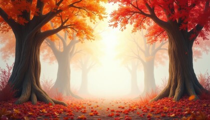 A magical pathway through a vibrant autumn forest, bathed in warm, golden sunlight filtering through the colorful red and orange foliage of ancient trees