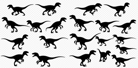 A collection of black raptor dinosaur silhouettes in various dynamic and aggressive poses on a transparent background.