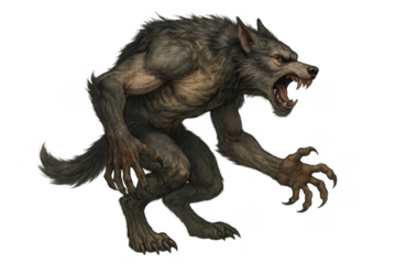 Growling werewolf crouching on transparent background