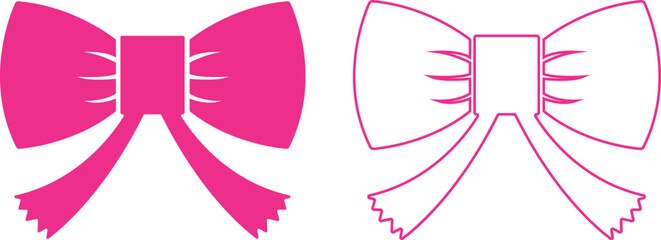 Bow icon set, colorful vector collection of ribbon and decorative bow group in flat and line style, gift wrap accessory festive knot silhouette and outline fashion element isolated on transparent.