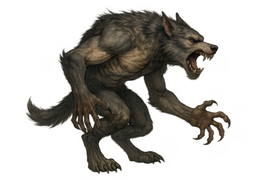 Growling werewolf crouching on transparent background