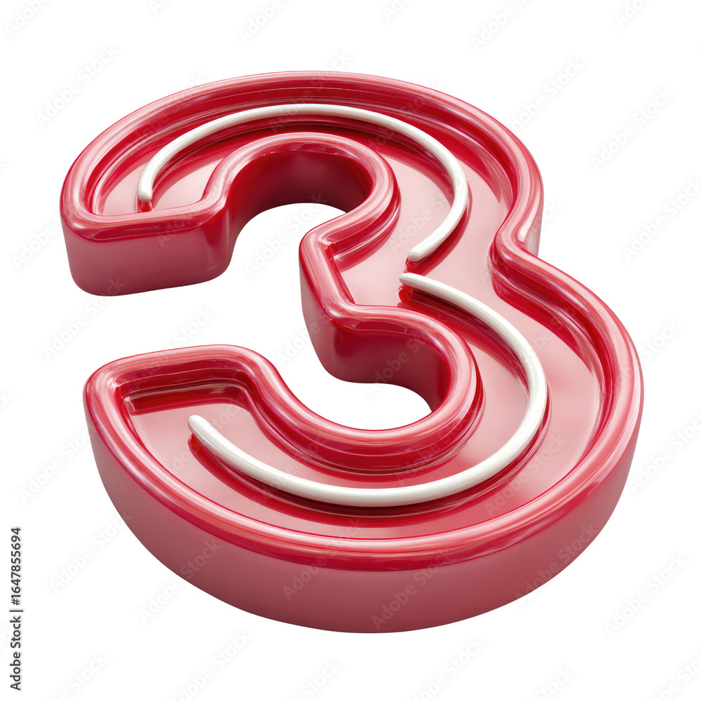 Poster red number three with white outline, 3d rendering, glossy texture, isolated on transparent backgroun